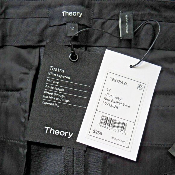 NWT Theory Testra in Blue Grey Mel Basketweave Stretch Wool Slim Ankle Pants 12 - Picture 4 of 6